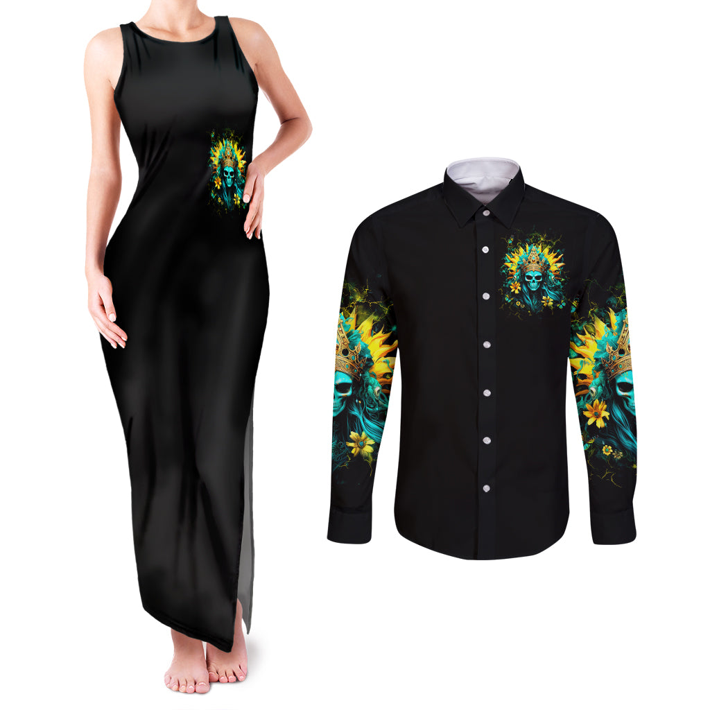 Sunflower Skull Couples Matching Tank Maxi Dress and Long Sleeve Button Shirt Bitch I'm Not A Princess I'm The Fucking Queen - Wonder Print Shop