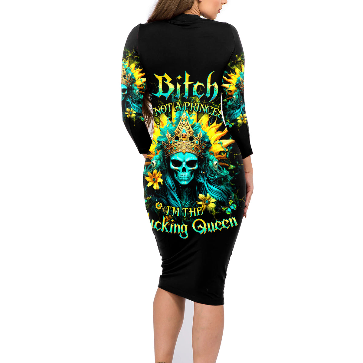 Sunflower Skull Family Matching Long Sleeve Bodycon Dress and Hawaiian Shirt Bitch I'm Not A Princess I'm The Fucking Queen - Wonder Print Shop