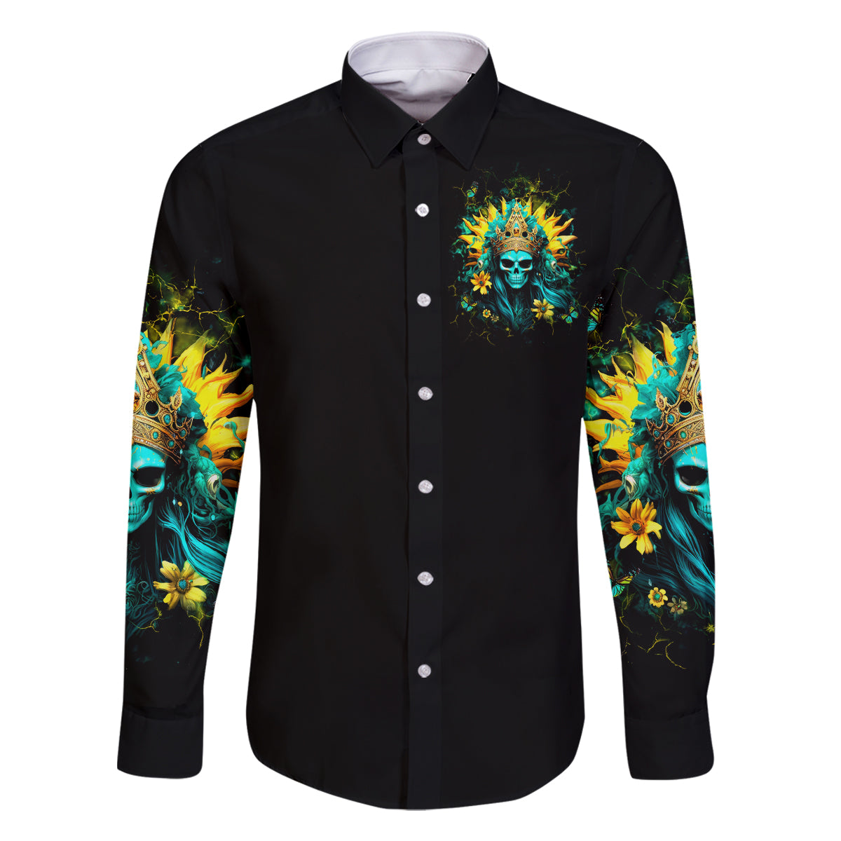 Sunflower Skull Family Matching Off Shoulder Long Sleeve Dress and Hawaiian Shirt Bitch I'm Not A Princess I'm The Fucking Queen - Wonder Print Shop