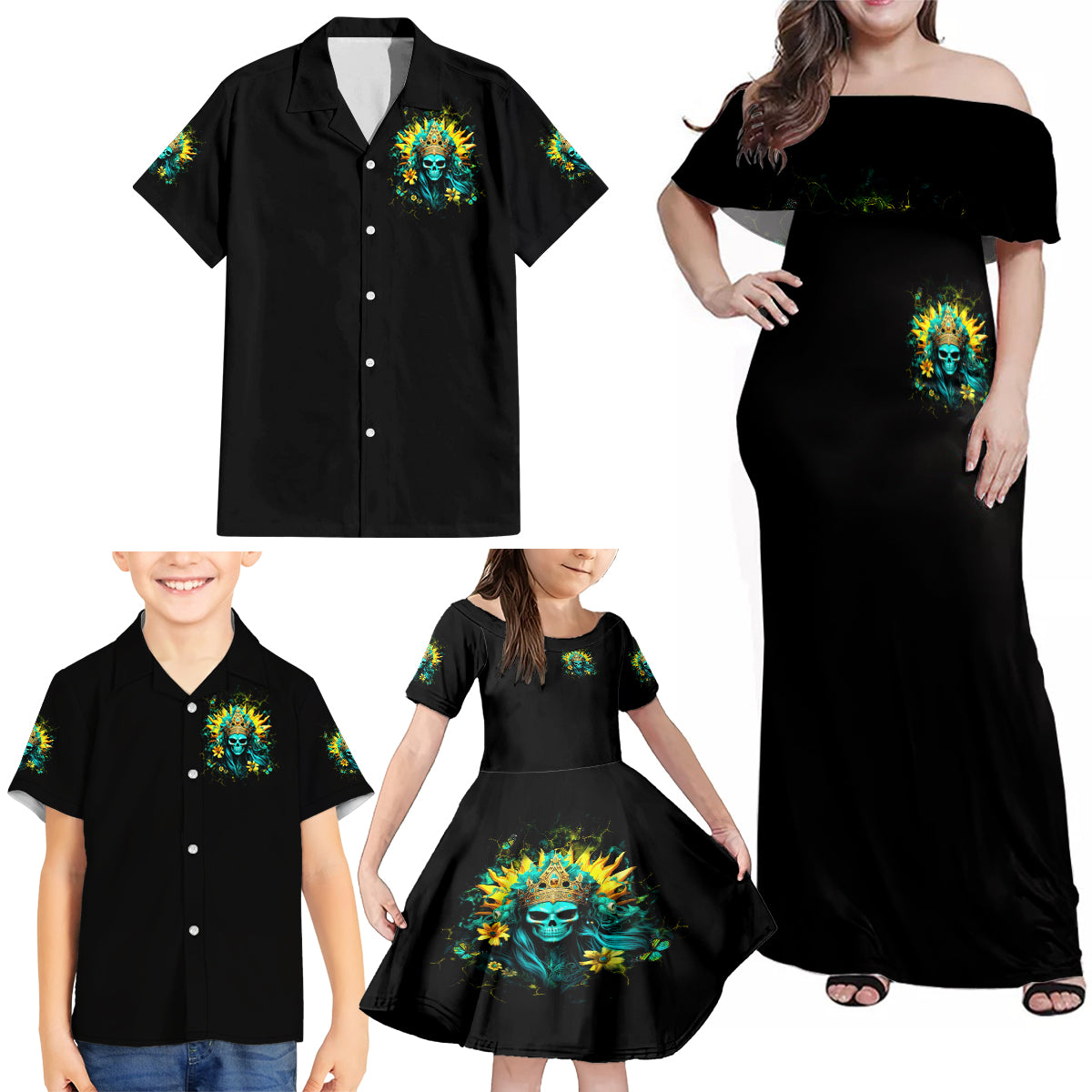 Sunflower Skull Family Matching Off Shoulder Maxi Dress and Hawaiian Shirt Bitch I'm Not A Princess I'm The Fucking Queen - Wonder Print Shop
