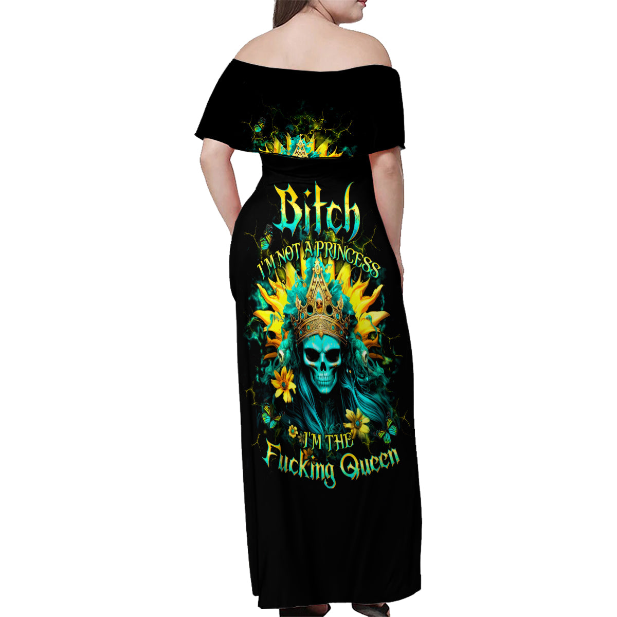 Sunflower Skull Family Matching Off Shoulder Maxi Dress and Hawaiian Shirt Bitch I'm Not A Princess I'm The Fucking Queen - Wonder Print Shop