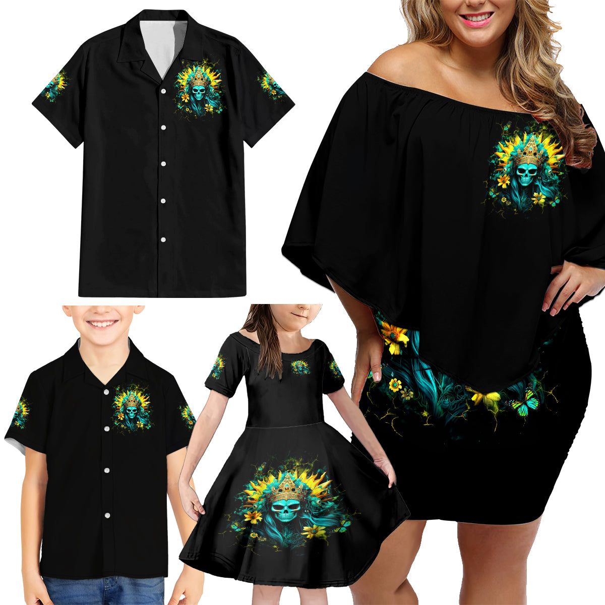 Sunflower Skull Family Matching Off Shoulder Short Dress and Hawaiian Shirt Bitch I'm Not A Princess I'm The Fucking Queen - Wonder Print Shop