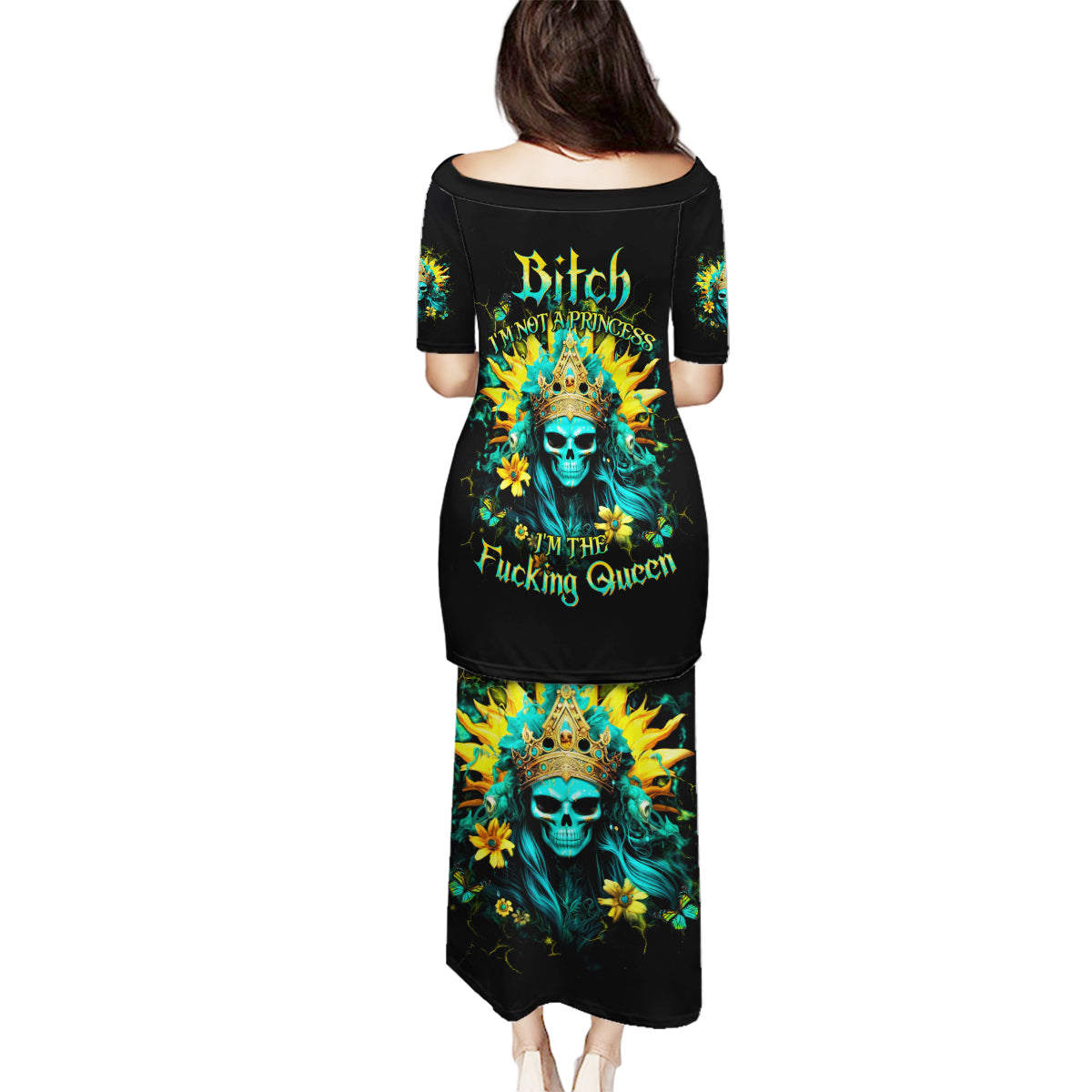 Sunflower Skull Family Matching Puletasi and Hawaiian Shirt Bitch I'm Not A Princess I'm The Fucking Queen - Wonder Print Shop