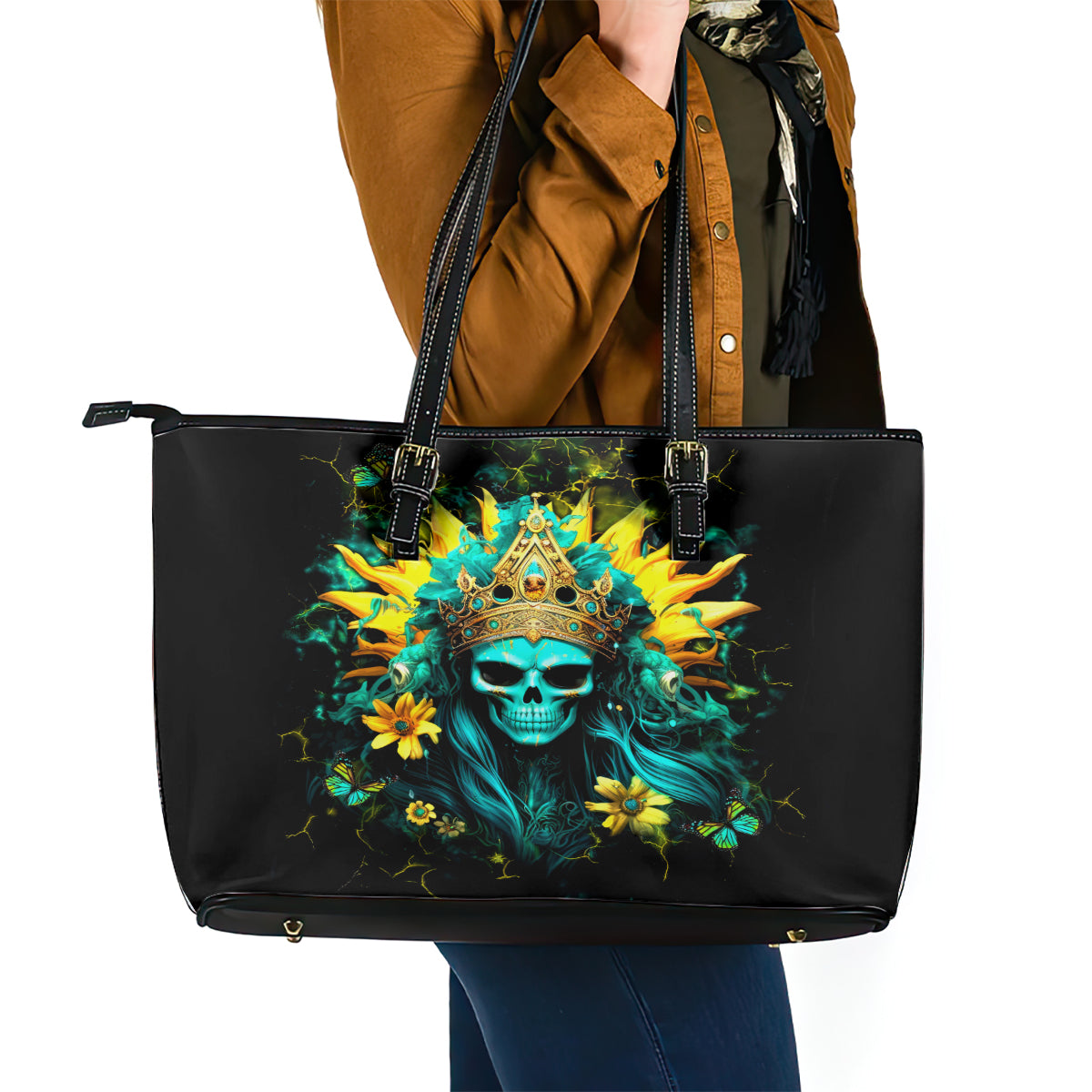 Sunflower Skull Leather Tote Bag Bitch I'm Not A Princess I'm The Fucking Queen - Wonder Print Shop