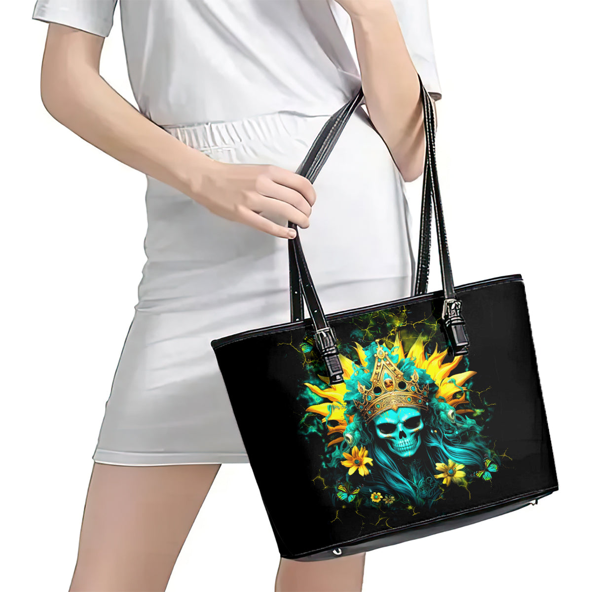 Sunflower Skull Leather Tote Bag Bitch I'm Not A Princess I'm The Fucking Queen - Wonder Print Shop