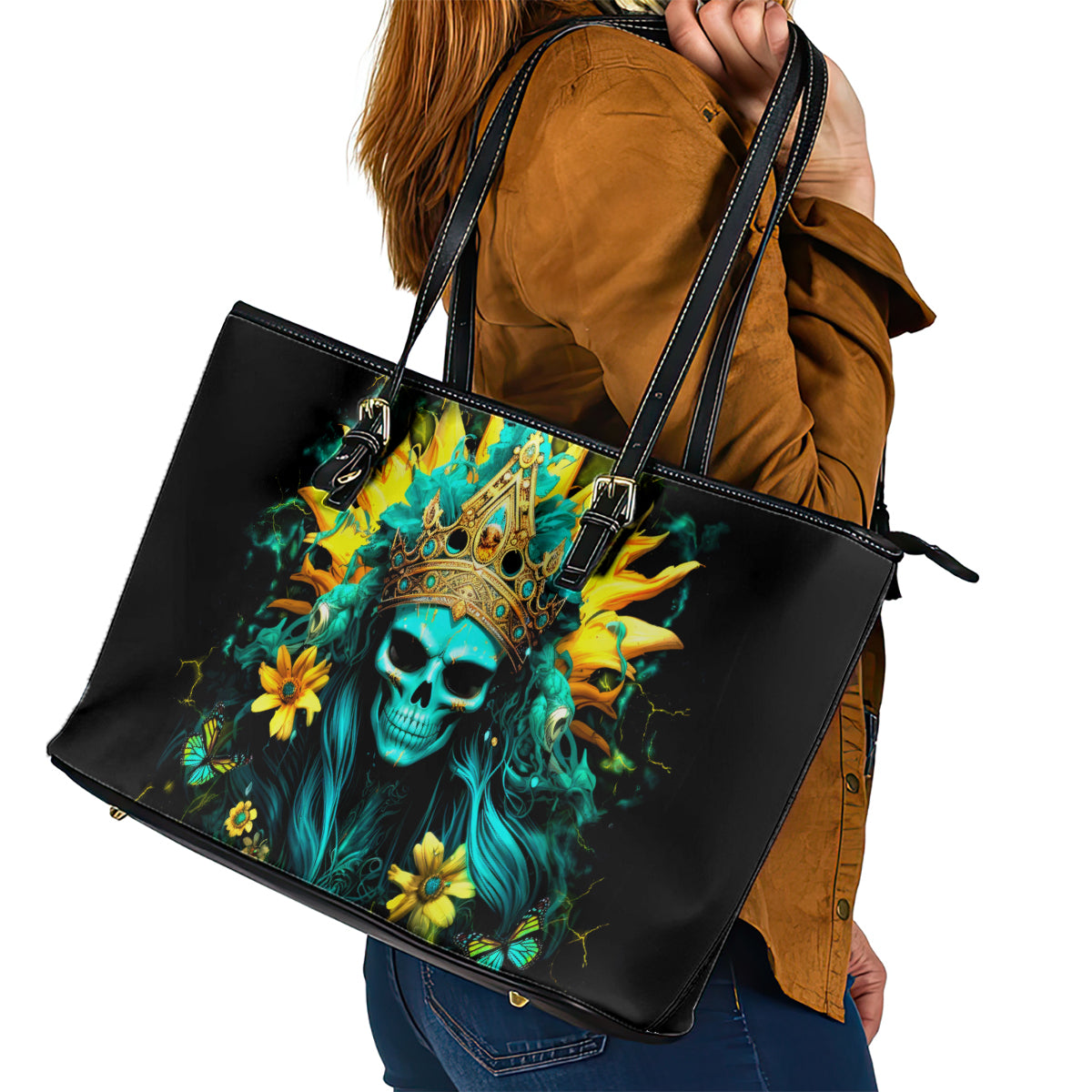 Sunflower Skull Leather Tote Bag Bitch I'm Not A Princess I'm The Fucking Queen - Wonder Print Shop