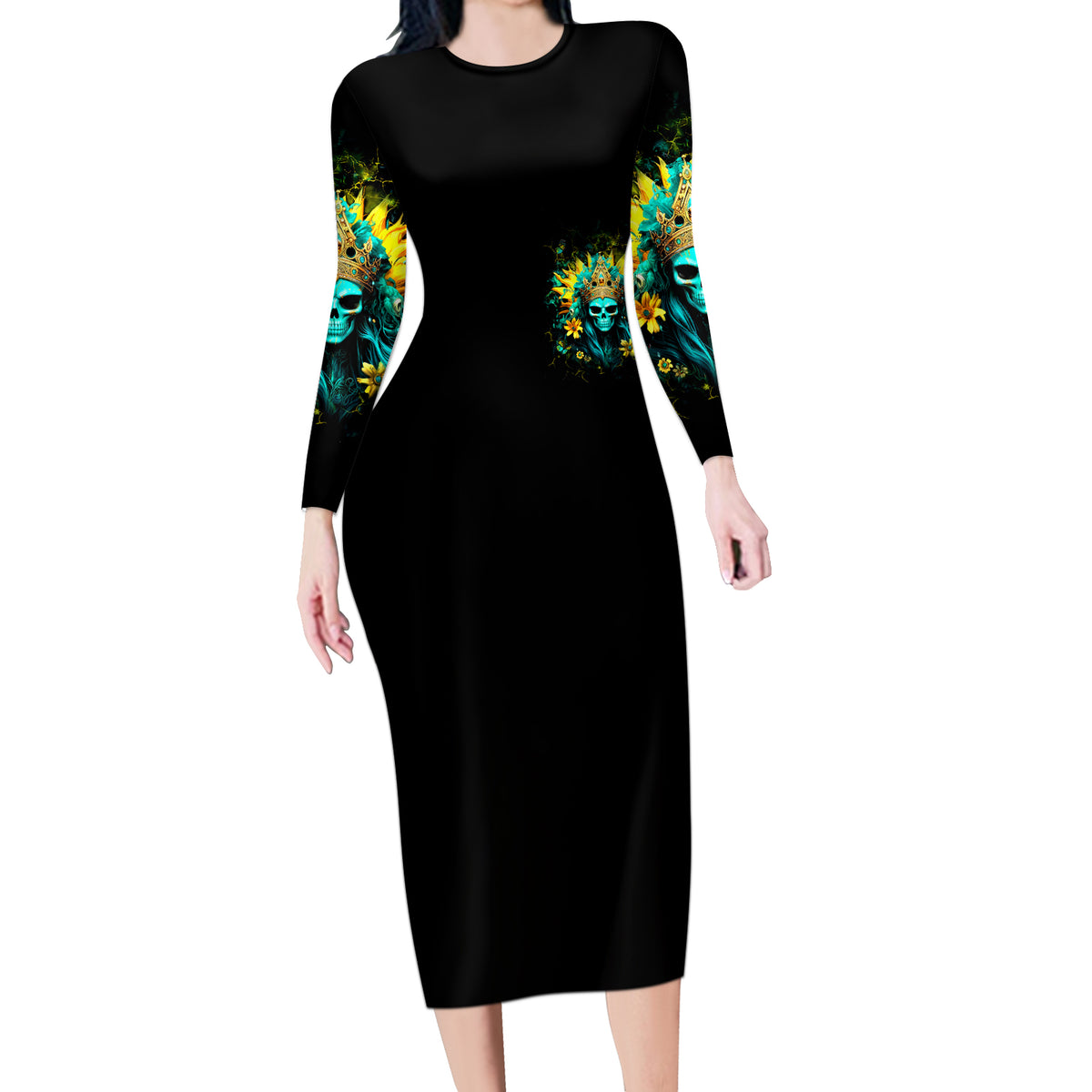 Sunflower Skull Long Sleeve Bodycon Dress Bitch I'm Not A Princess I'm The Fucking Queen - Wonder Print Shop
