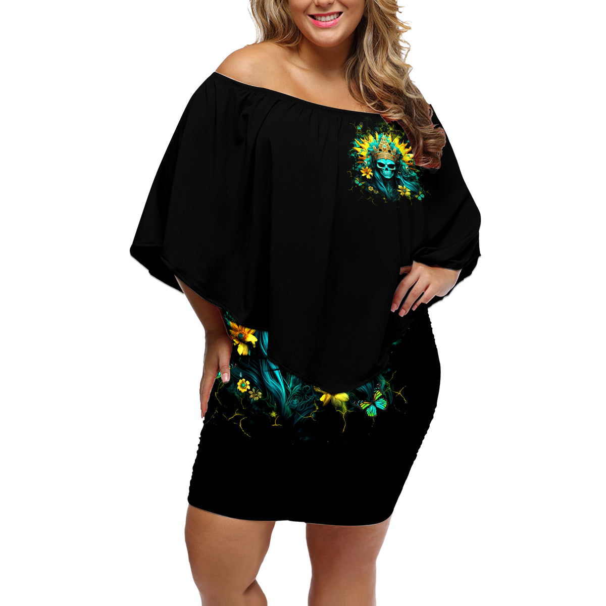 Sunflower Skull Off Shoulder Short Dress Bitch I'm Not A Princess I'm The Fucking Queen - Wonder Print Shop