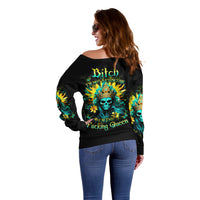Sunflower Skull Off Shoulder Sweater Bitch I'm Not A Princess I'm The Fucking Queen - Wonder Print Shop