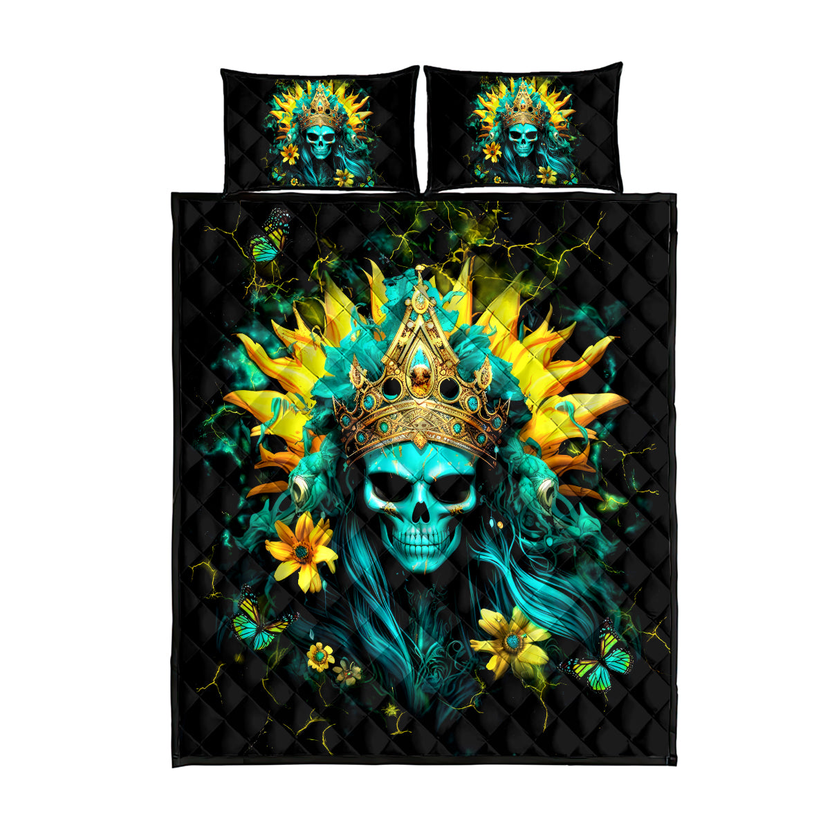 Sunflower Skull Quilt Bed Set Bitch I'm Not A Princess I'm The Fucking Queen - Wonder Print Shop