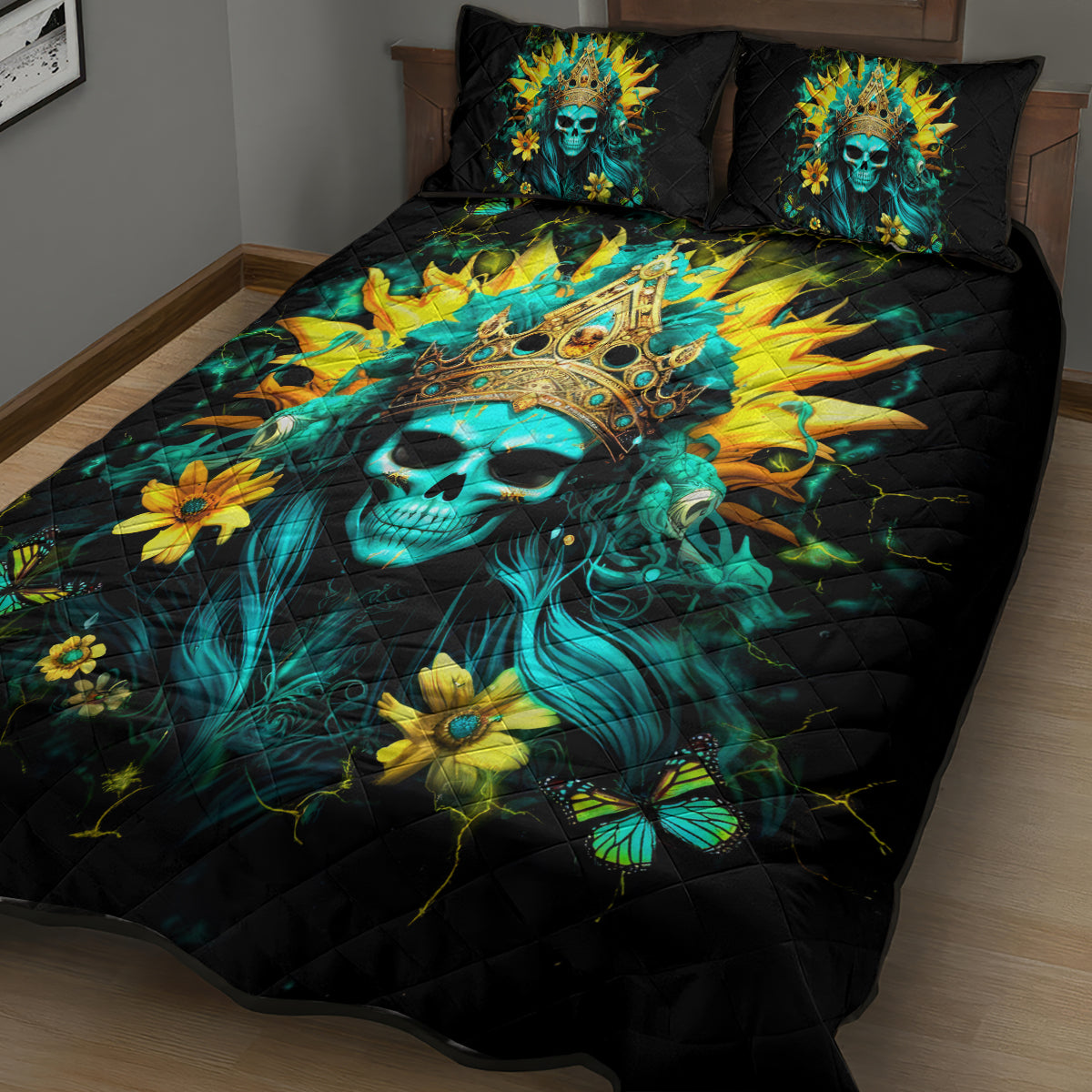 Sunflower Skull Quilt Bed Set Bitch I'm Not A Princess I'm The Fucking Queen - Wonder Print Shop