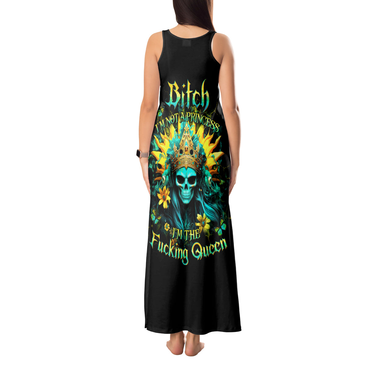Sunflower Skull Tank Maxi Dress Bitch I'm Not A Princess I'm The Fucking Queen - Wonder Print Shop