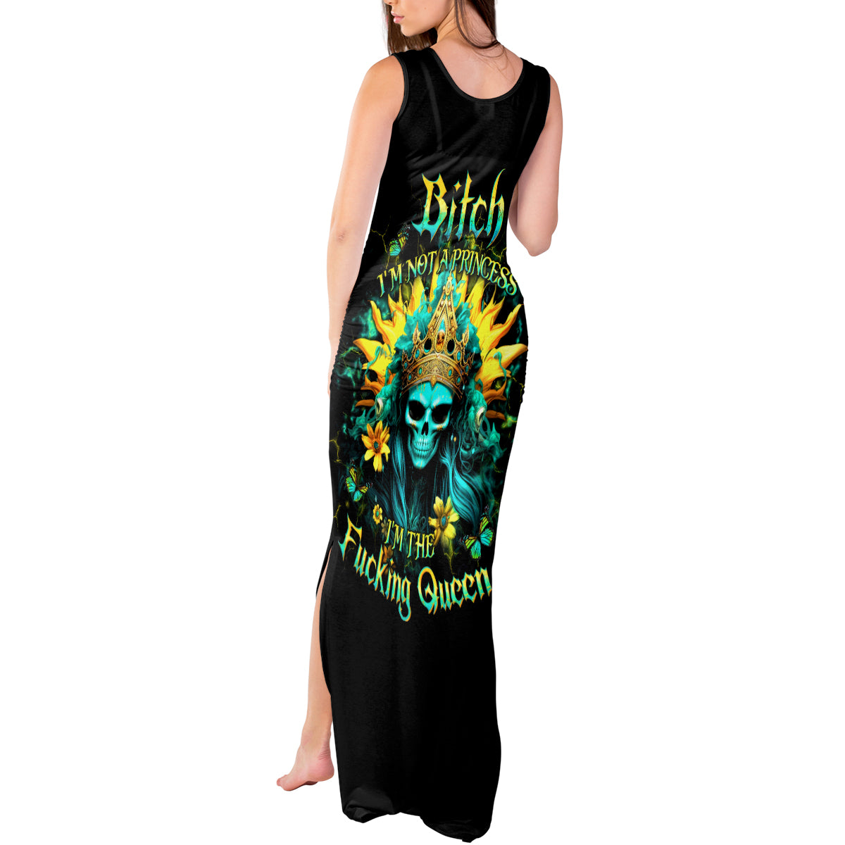 Sunflower Skull Tank Maxi Dress Bitch I'm Not A Princess I'm The Fucking Queen - Wonder Print Shop