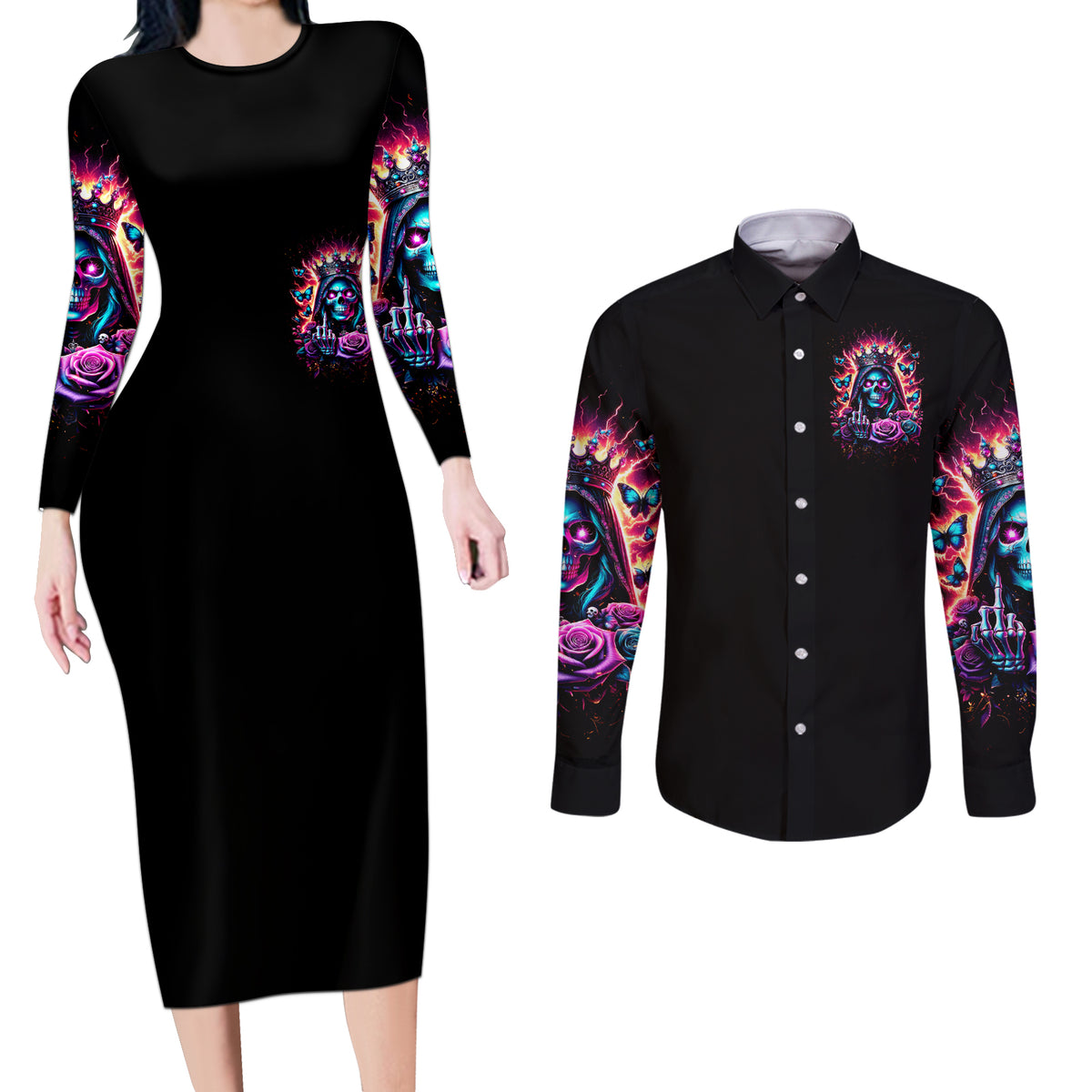 Thunder Skull Couples Matching Long Sleeve Bodycon Dress and Long Sleeve Button Shirt Bitch I'm Not A Princess I'm The Fucking Queen - Wonder Print Shop