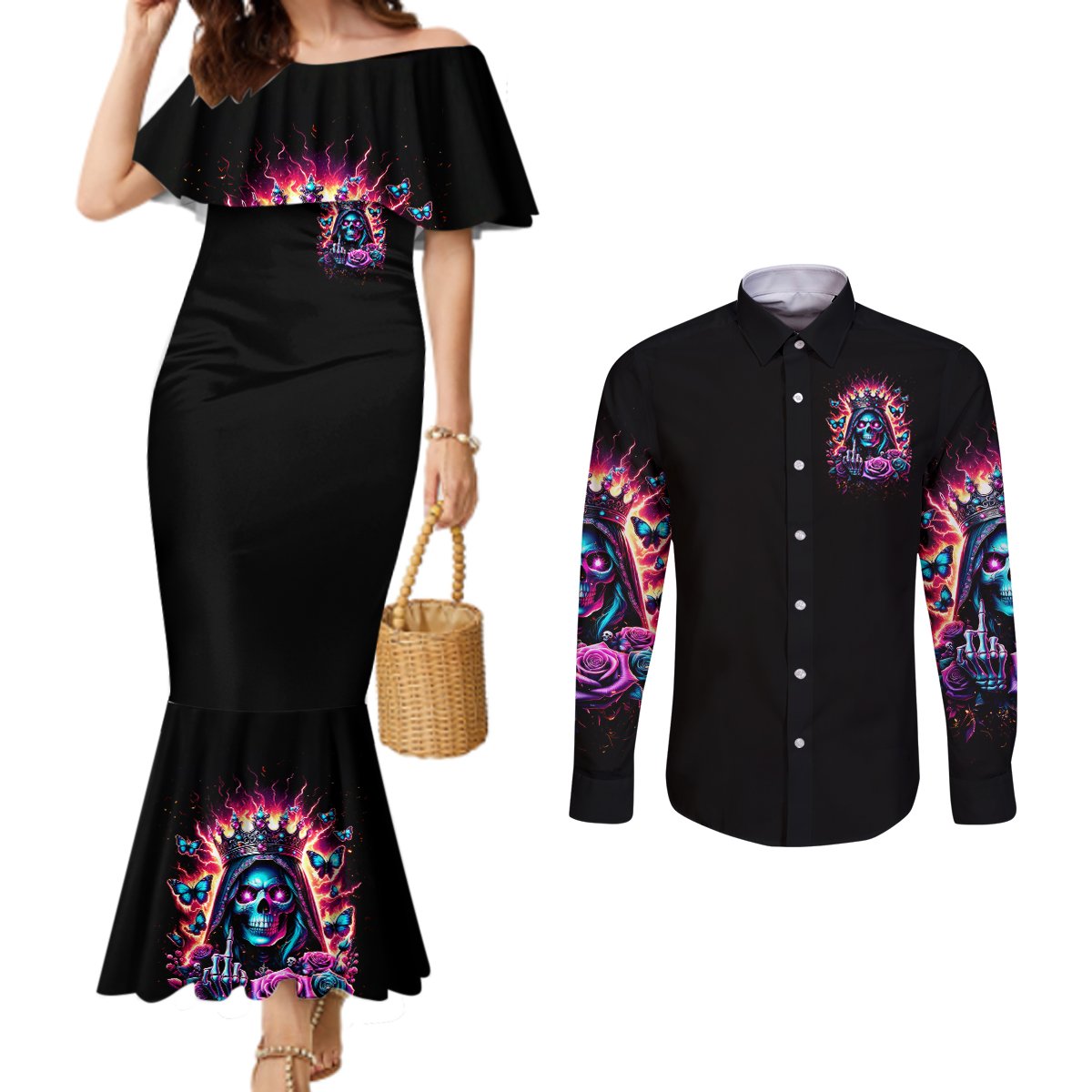 Thunder Skull Couples Matching Mermaid Dress and Long Sleeve Button Shirt Bitch I'm Not A Princess I'm The Fucking Queen