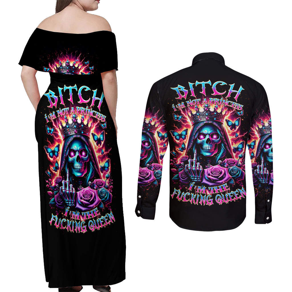Thunder Skull Couples Matching Off Shoulder Maxi Dress and Long Sleeve Button Shirt Bitch I'm Not A Princess I'm The Fucking Queen - Wonder Print Shop