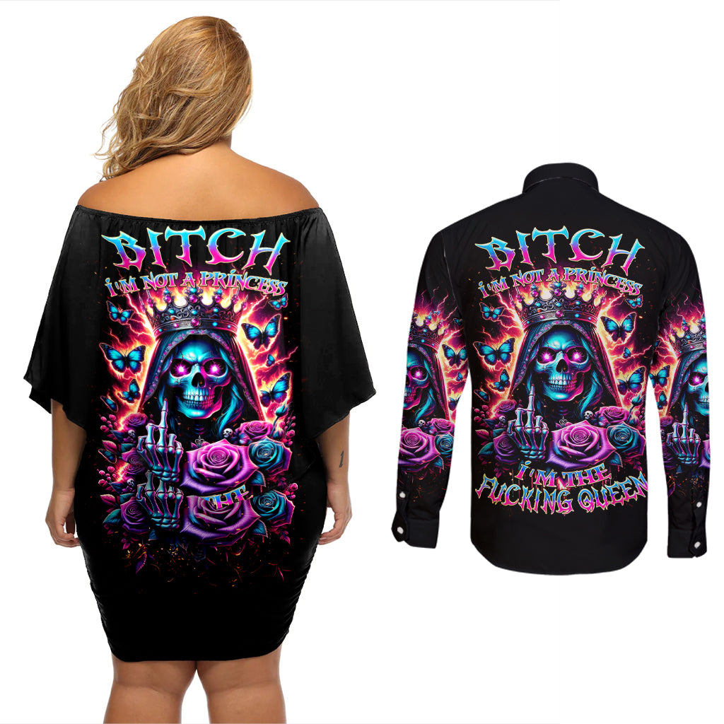 Thunder Skull Couples Matching Off Shoulder Short Dress and Long Sleeve Button Shirt Bitch I'm Not A Princess I'm The Fucking Queen - Wonder Print Shop