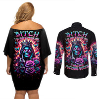 Thunder Skull Couples Matching Off Shoulder Short Dress and Long Sleeve Button Shirt Bitch I'm Not A Princess I'm The Fucking Queen - Wonder Print Shop