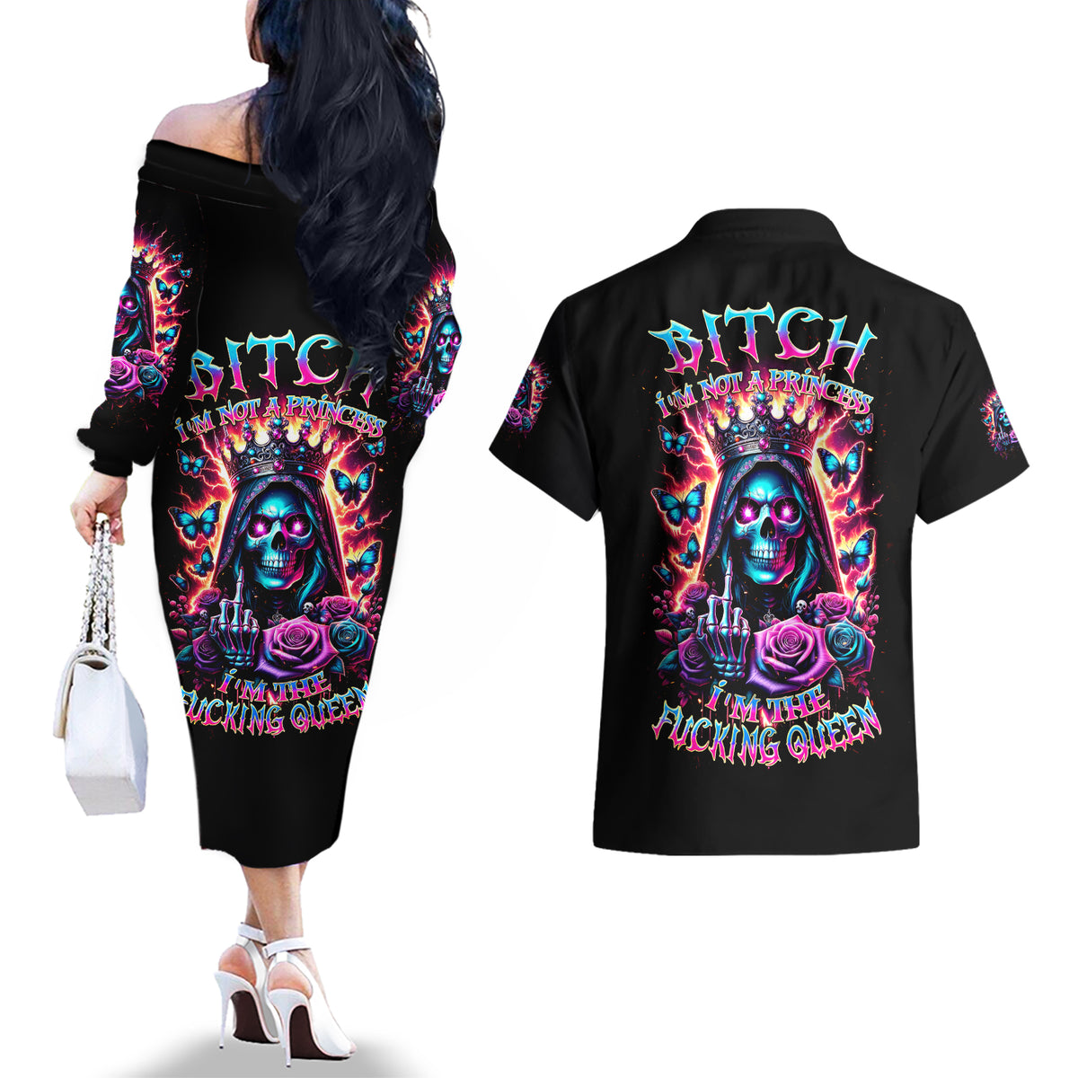 Thunder Skull Couples Matching Off The Shoulder Long Sleeve Dress and Hawaiian Shirt Bitch I'm Not A Princess I'm The Fucking Queen - Wonder Print Shop
