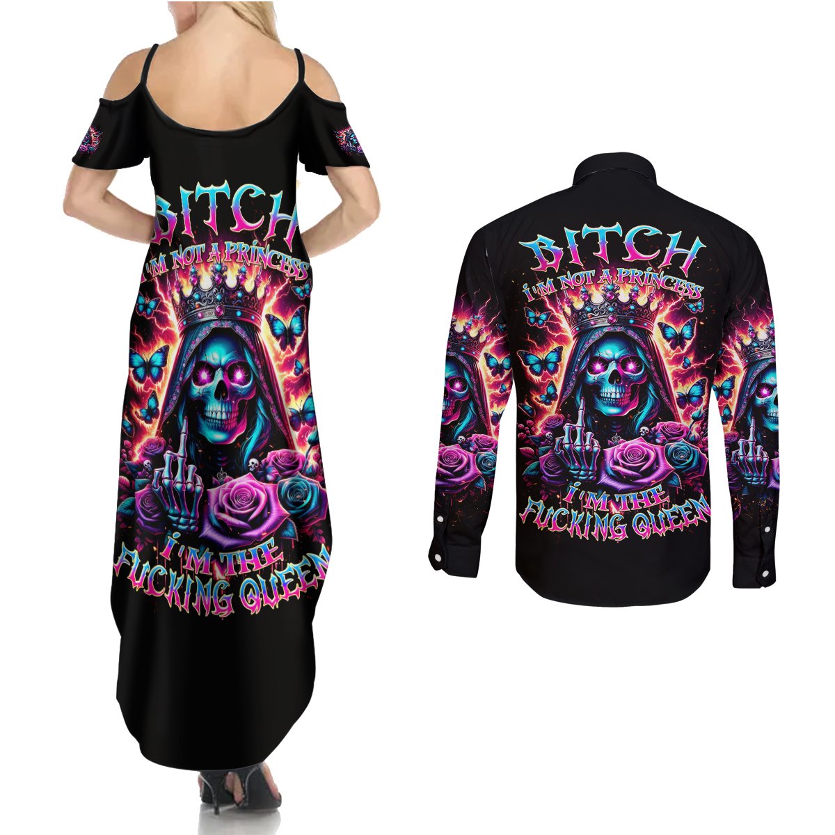 Thunder Skull Couples Matching Summer Maxi Dress and Long Sleeve Button Shirt Bitch I'm Not A Princess I'm The Fucking Queen - Wonder Print Shop