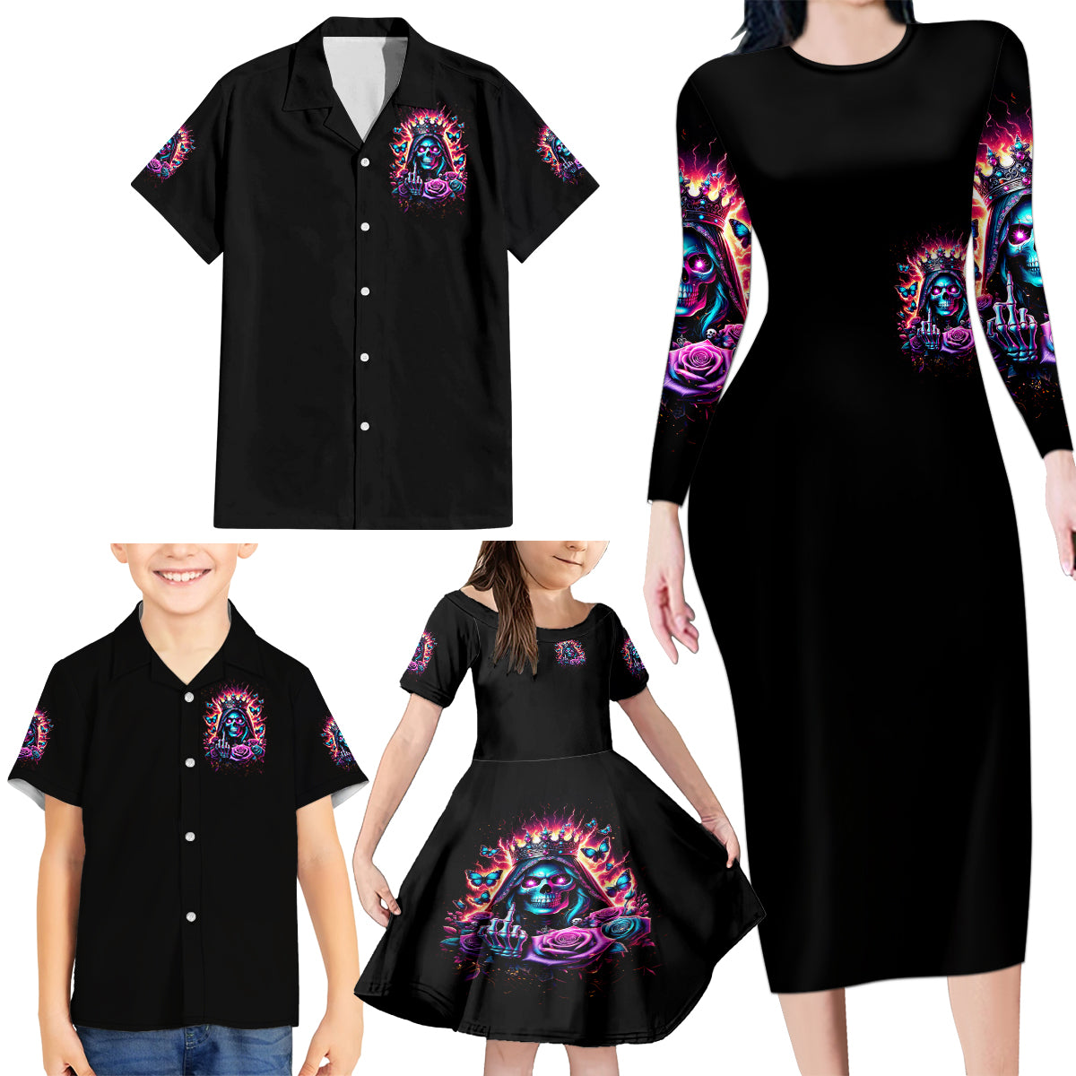 Thunder Skull Family Matching Long Sleeve Bodycon Dress and Hawaiian Shirt Bitch I'm Not A Princess I'm The Fucking Queen - Wonder Print Shop