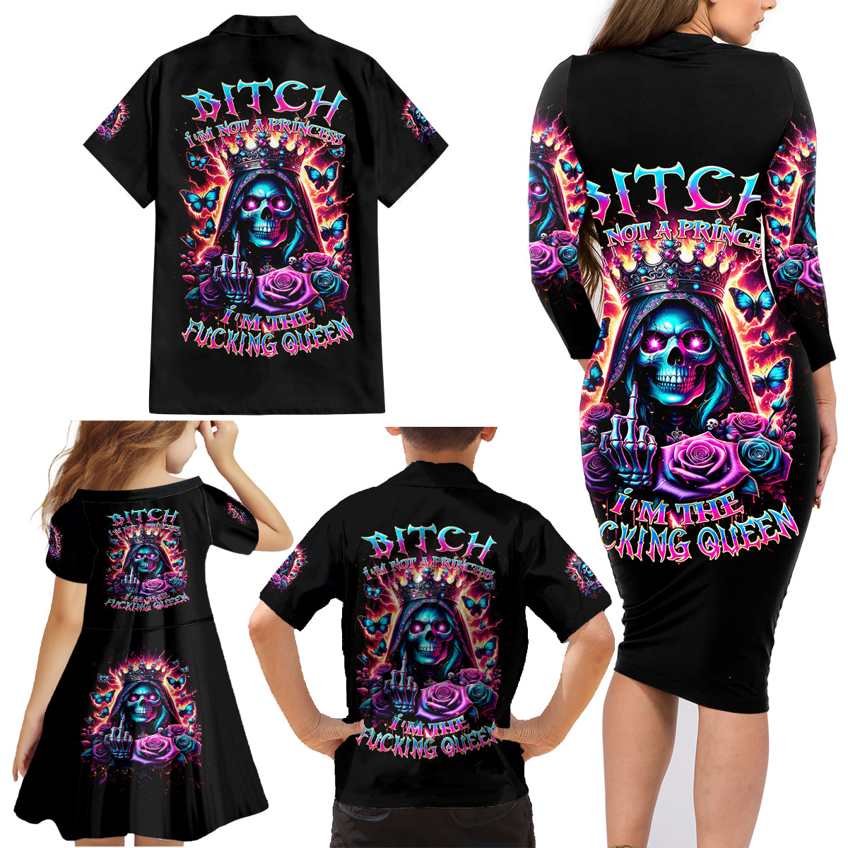 Thunder Skull Family Matching Long Sleeve Bodycon Dress and Hawaiian Shirt Bitch I'm Not A Princess I'm The Fucking Queen - Wonder Print Shop