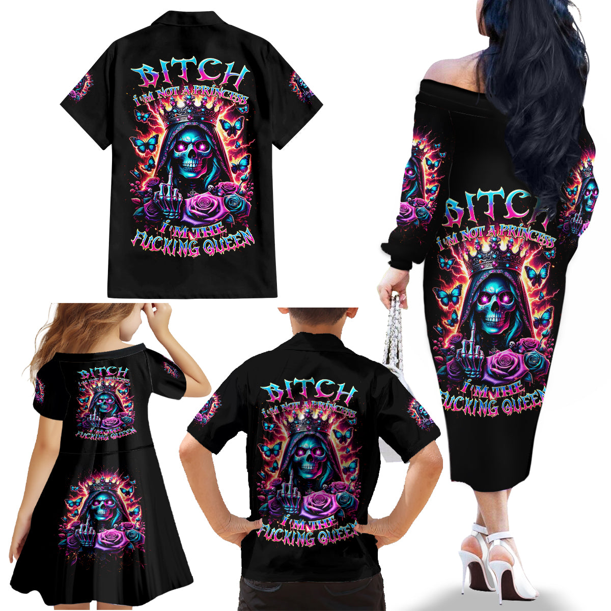 Thunder Skull Family Matching Off Shoulder Long Sleeve Dress and Hawaiian Shirt Bitch I'm Not A Princess I'm The Fucking Queen - Wonder Print Shop