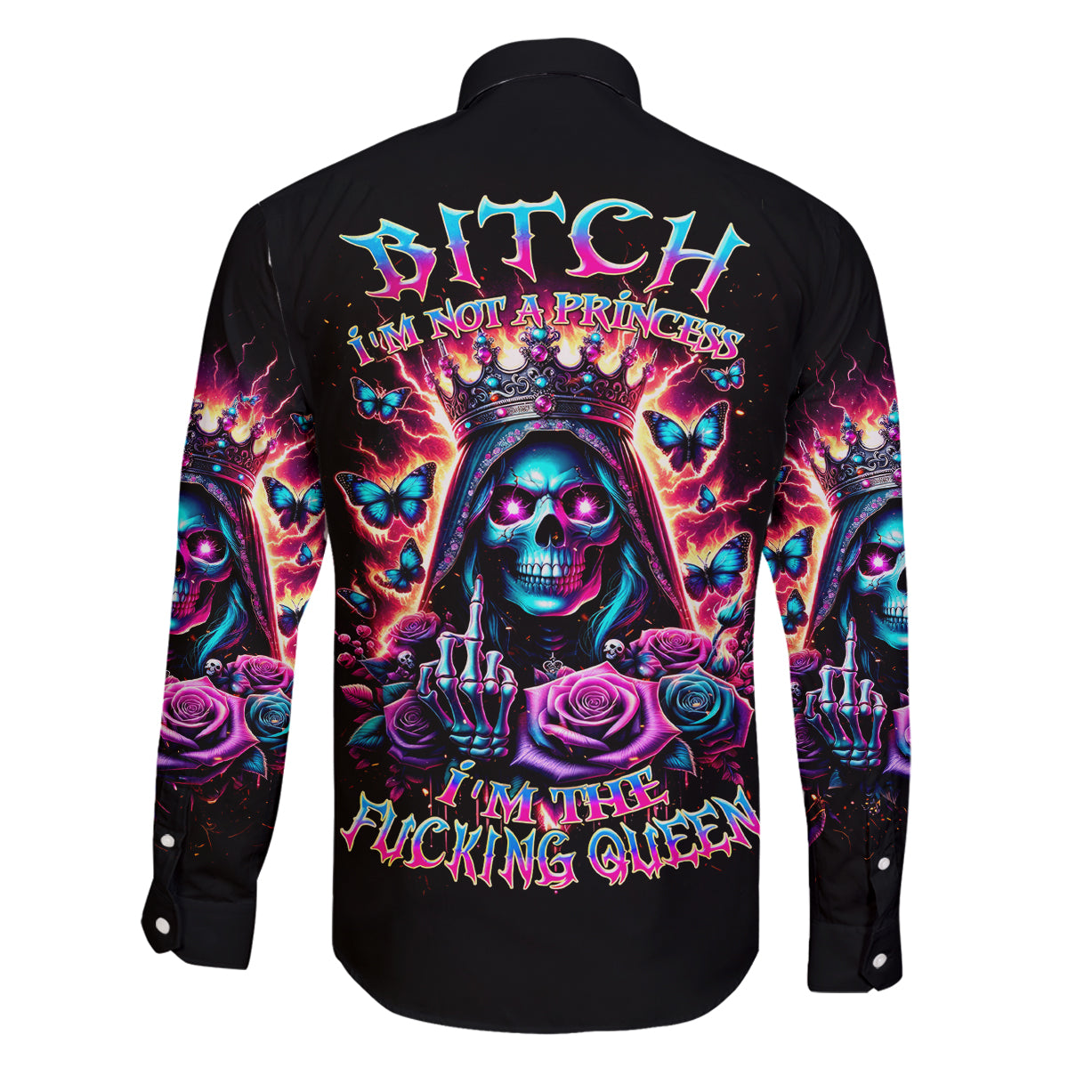 Thunder Skull Family Matching Off Shoulder Long Sleeve Dress and Hawaiian Shirt Bitch I'm Not A Princess I'm The Fucking Queen - Wonder Print Shop