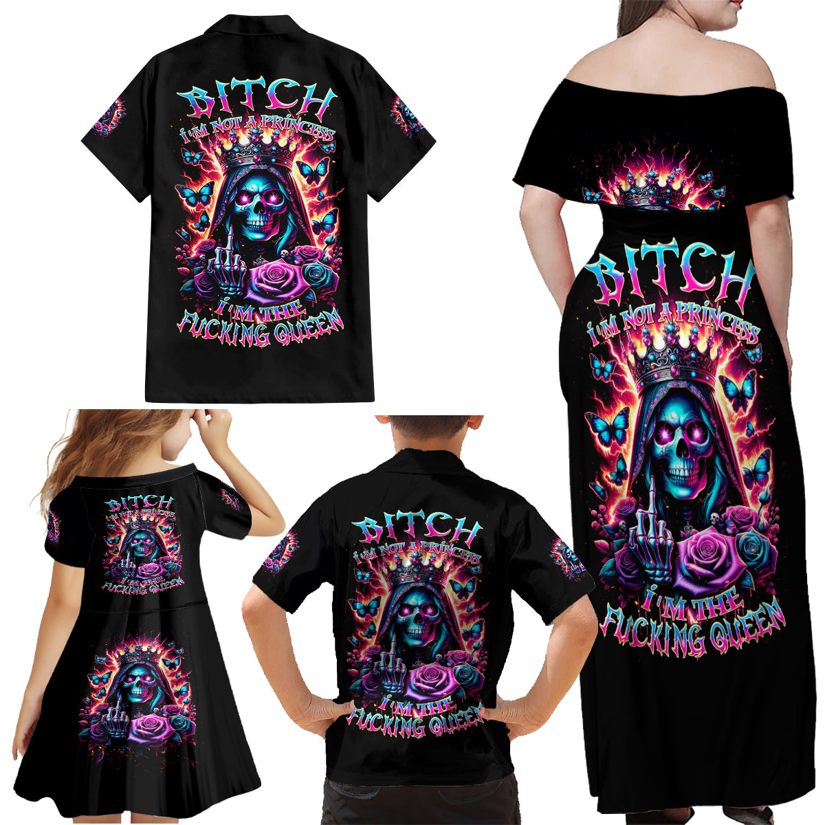 Thunder Skull Family Matching Off Shoulder Maxi Dress and Hawaiian Shirt Bitch I'm Not A Princess I'm The Fucking Queen - Wonder Print Shop