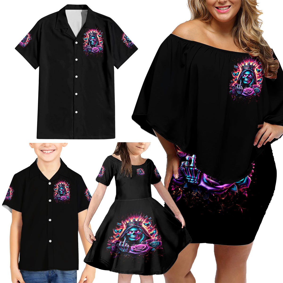 Thunder Skull Family Matching Off Shoulder Short Dress and Hawaiian Shirt Bitch I'm Not A Princess I'm The Fucking Queen - Wonder Print Shop