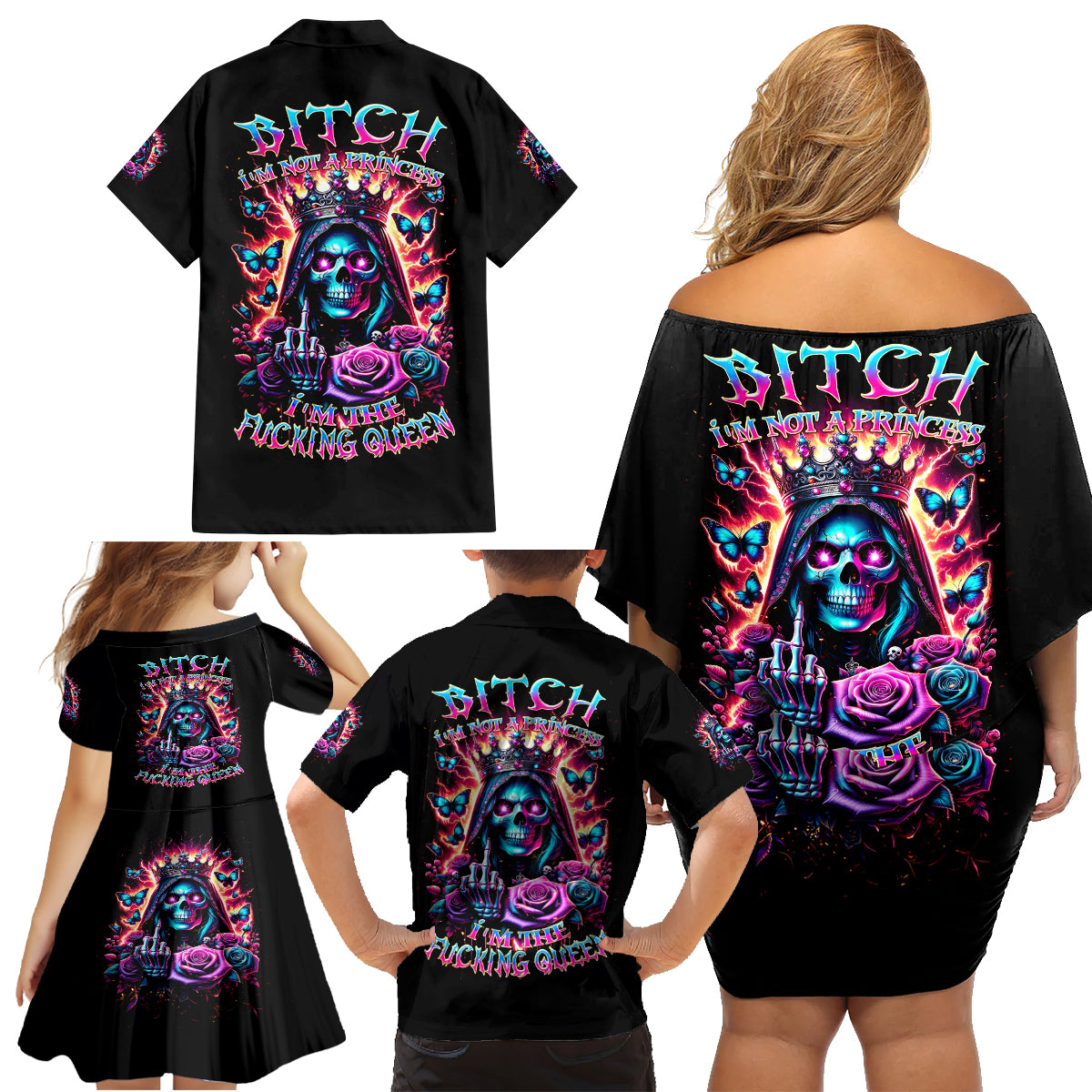 Thunder Skull Family Matching Off Shoulder Short Dress and Hawaiian Shirt Bitch I'm Not A Princess I'm The Fucking Queen - Wonder Print Shop