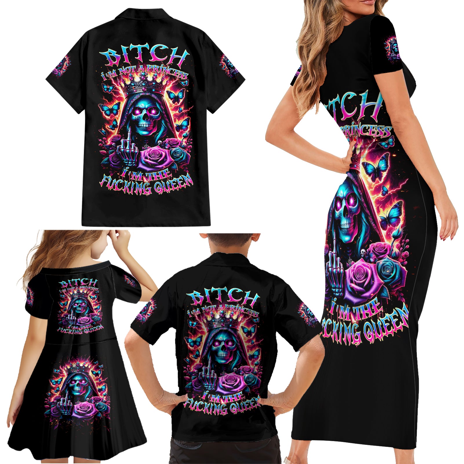 Thunder Skull Family Matching Short Sleeve Bodycon Dress and Hawaiian Shirt Bitch I'm Not A Princess I'm The Fucking Queen - Wonder Print Shop