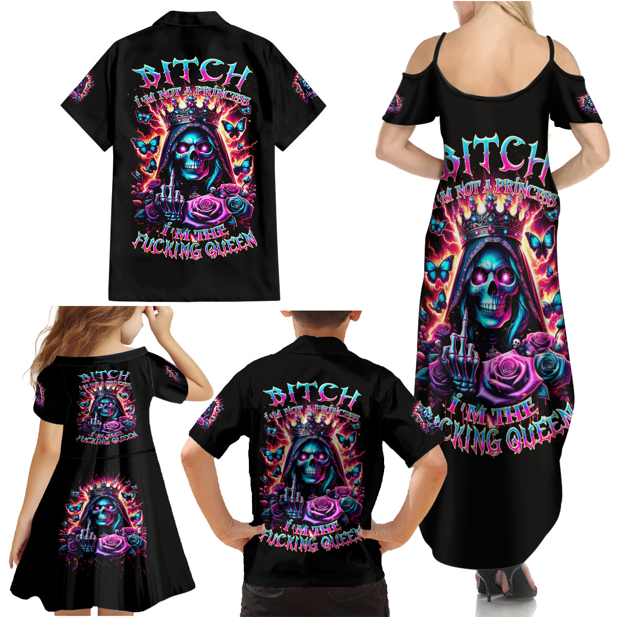 Thunder Skull Family Matching Summer Maxi Dress and Hawaiian Shirt Bitch I'm Not A Princess I'm The Fucking Queen - Wonder Print Shop