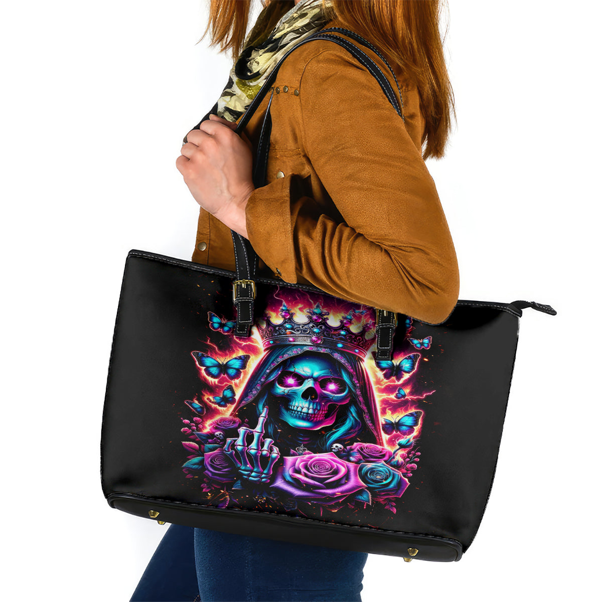 Thunder Skull Leather Tote Bag Bitch I'm Not A Princess I'm The Fucking Queen - Wonder Print Shop