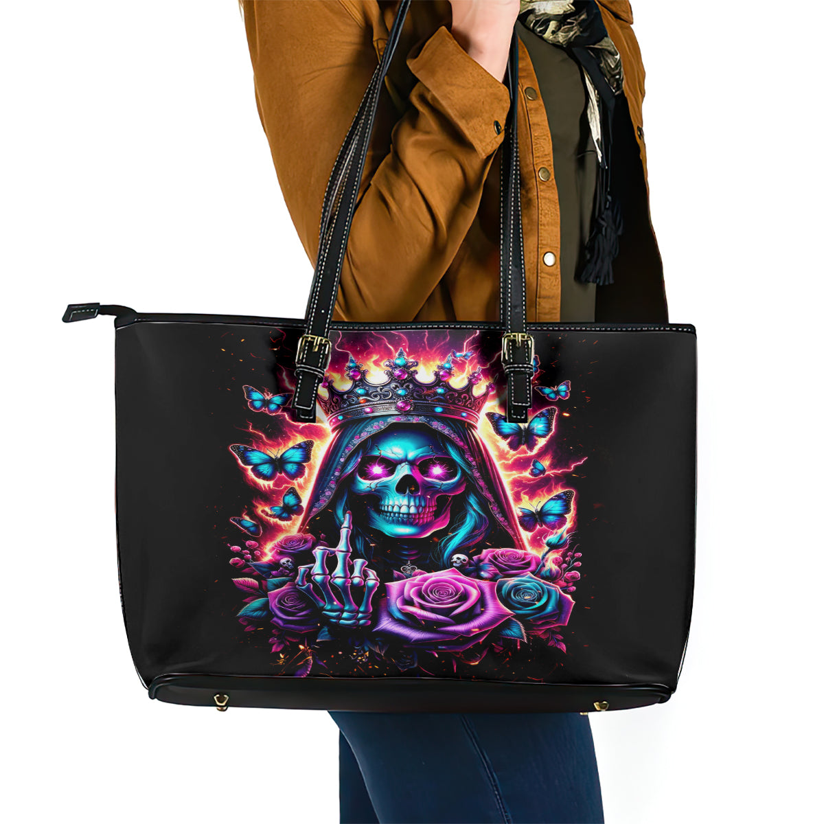 Thunder Skull Leather Tote Bag Bitch I'm Not A Princess I'm The Fucking Queen - Wonder Print Shop