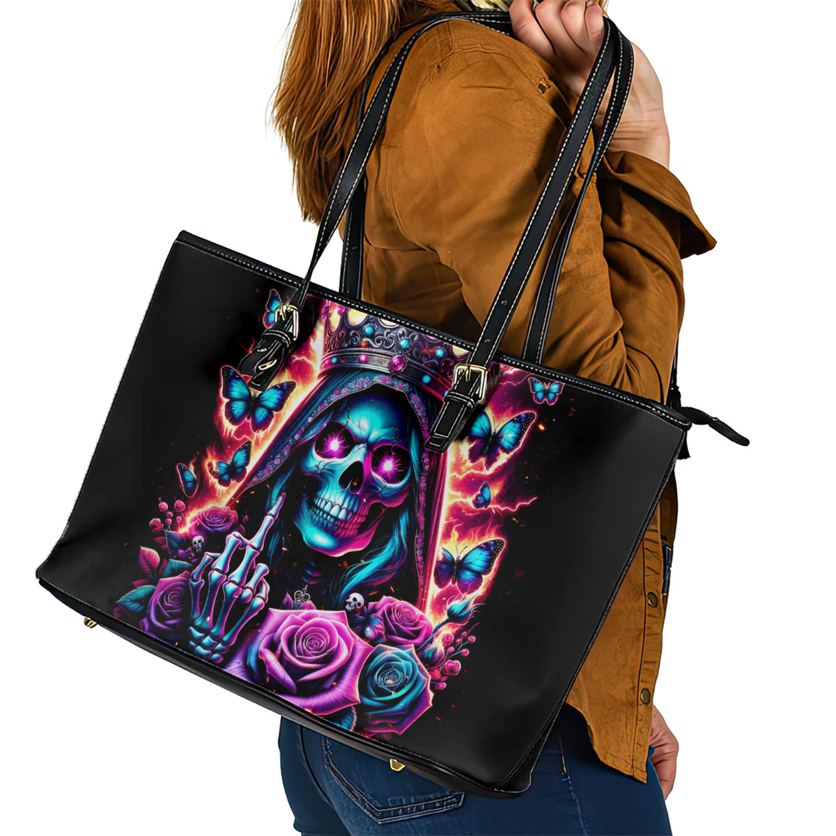 Thunder Skull Leather Tote Bag Bitch I'm Not A Princess I'm The Fucking Queen - Wonder Print Shop