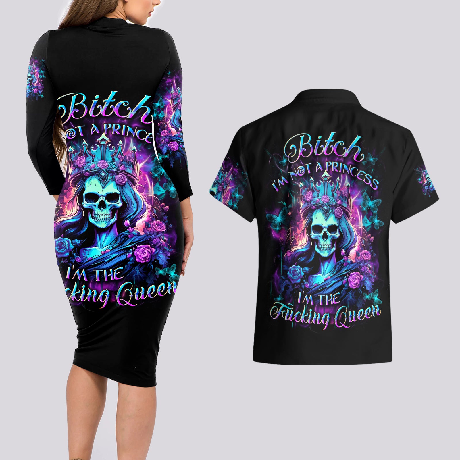 Rose Skull Couples Matching Long Sleeve Bodycon Dress and Hawaiian Shirt Bitch I'm Not A Princess I'm The Fucking Queen - Wonder Print Shop