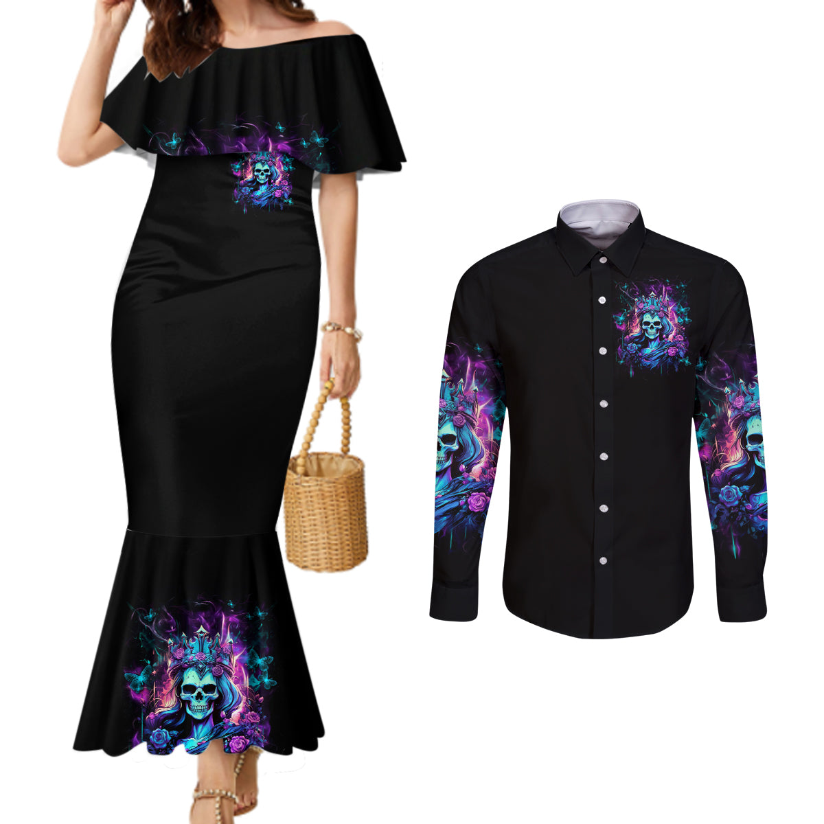 Rose Skull Couples Matching Mermaid Dress and Long Sleeve Button Shirt Bitch I'm Not A Princess I'm The Fucking Queen