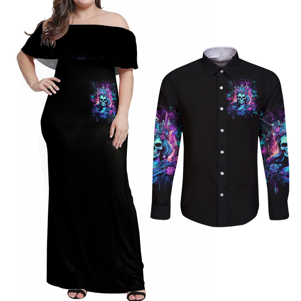 Rose Skull Couples Matching Off Shoulder Maxi Dress and Long Sleeve Button Shirt Bitch I'm Not A Princess I'm The Fucking Queen - Wonder Print Shop