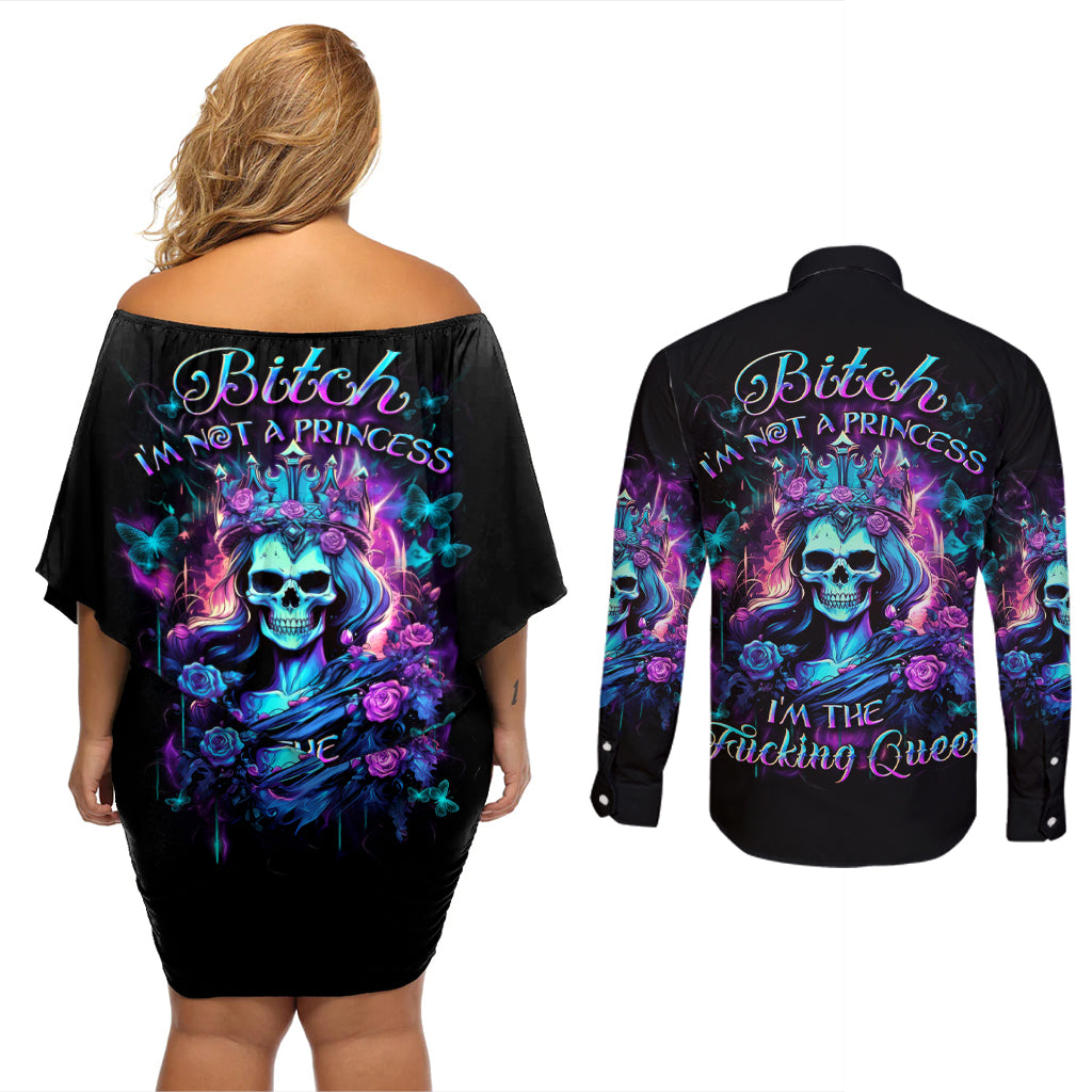 Rose Skull Couples Matching Off Shoulder Short Dress and Long Sleeve Button Shirt Bitch I'm Not A Princess I'm The Fucking Queen - Wonder Print Shop