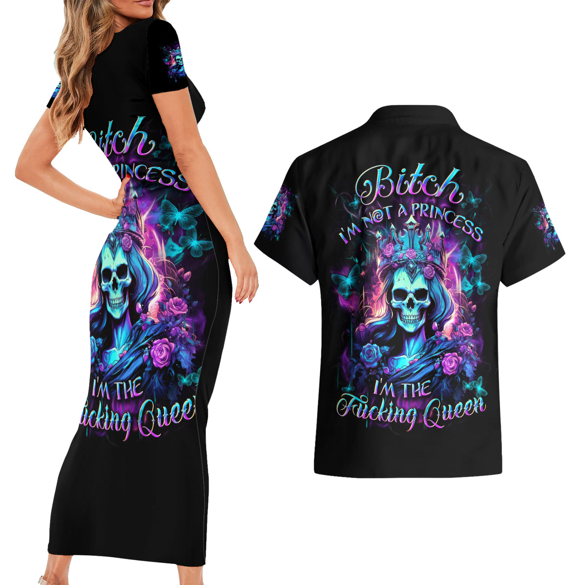 Rose Skull Couples Matching Short Sleeve Bodycon Dress and Hawaiian Shirt Bitch I'm Not A Princess I'm The Fucking Queen - Wonder Print Shop