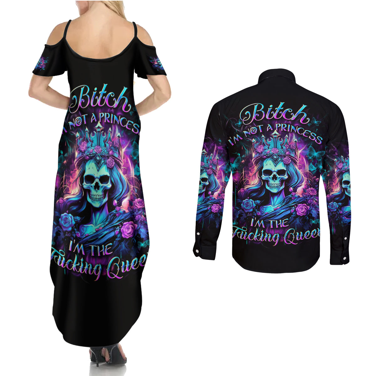 Rose Skull Couples Matching Summer Maxi Dress and Long Sleeve Button Shirt Bitch I'm Not A Princess I'm The Fucking Queen - Wonder Print Shop