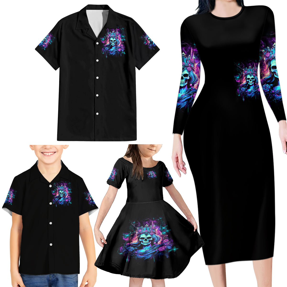 Rose Skull Family Matching Long Sleeve Bodycon Dress and Hawaiian Shirt Bitch I'm Not A Princess I'm The Fucking Queen - Wonder Print Shop