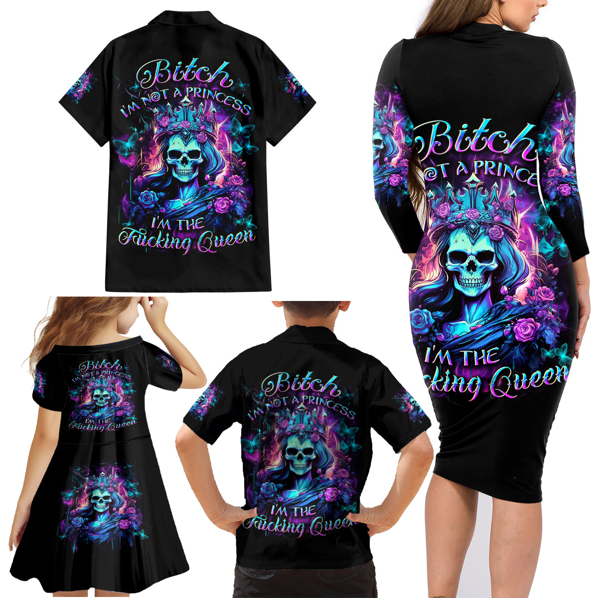 Rose Skull Family Matching Long Sleeve Bodycon Dress and Hawaiian Shirt Bitch I'm Not A Princess I'm The Fucking Queen - Wonder Print Shop