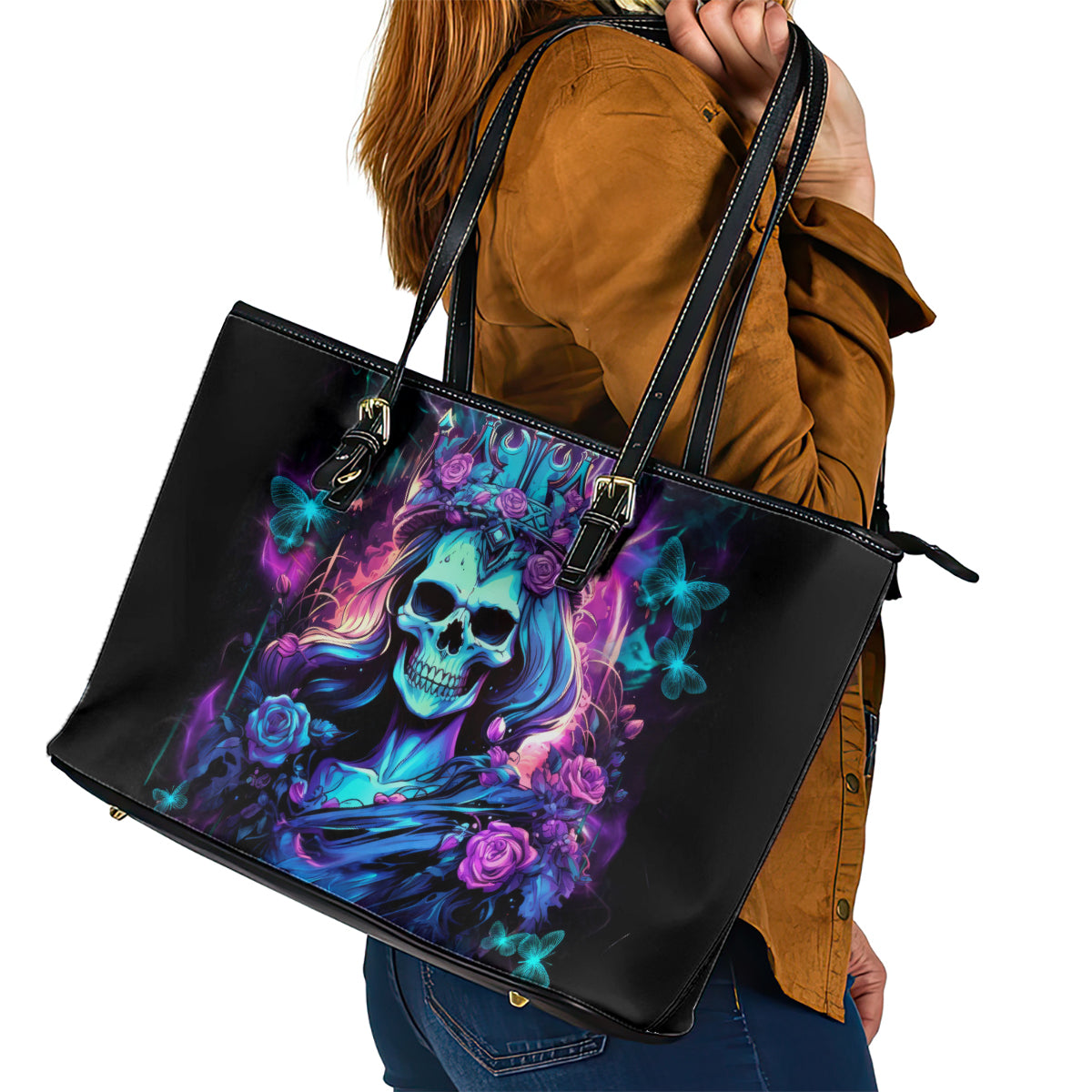 Rose Skull Leather Tote Bag Bitch I'm Not A Princess I'm The Fucking Queen - Wonder Print Shop