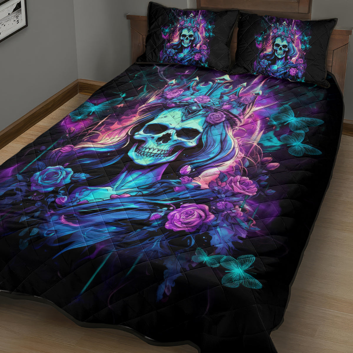 Rose Skull Quilt Bed Set Bitch I'm Not A Princess I'm The Fucking Queen - Wonder Print Shop
