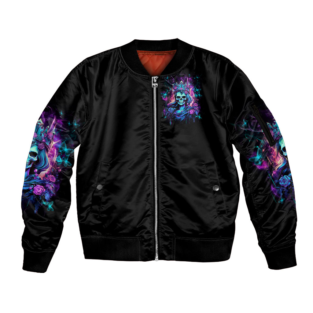 Rose Skull Sleeve Zip Bomber Jacket Bitch I'm Not A Princess I'm The Fucking Queen - Wonder Print Shop