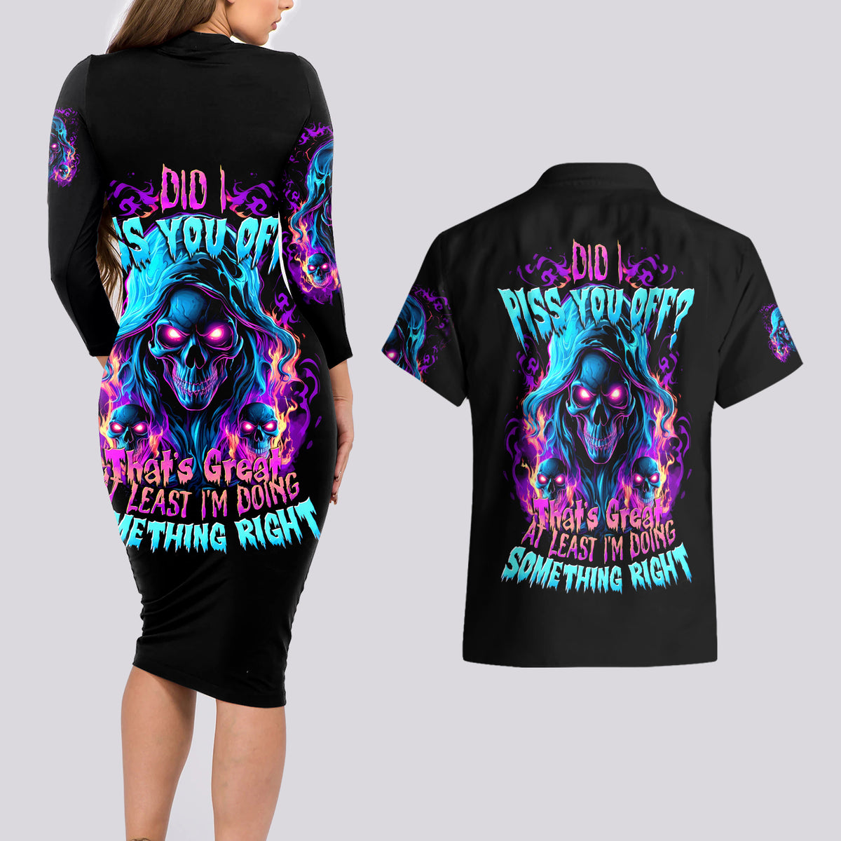 Flame Skull Couples Matching Long Sleeve Bodycon Dress and Hawaiian Shirt Did I Piss You Off That Great At Least I'm Doing Something Right - Wonder Print Shop