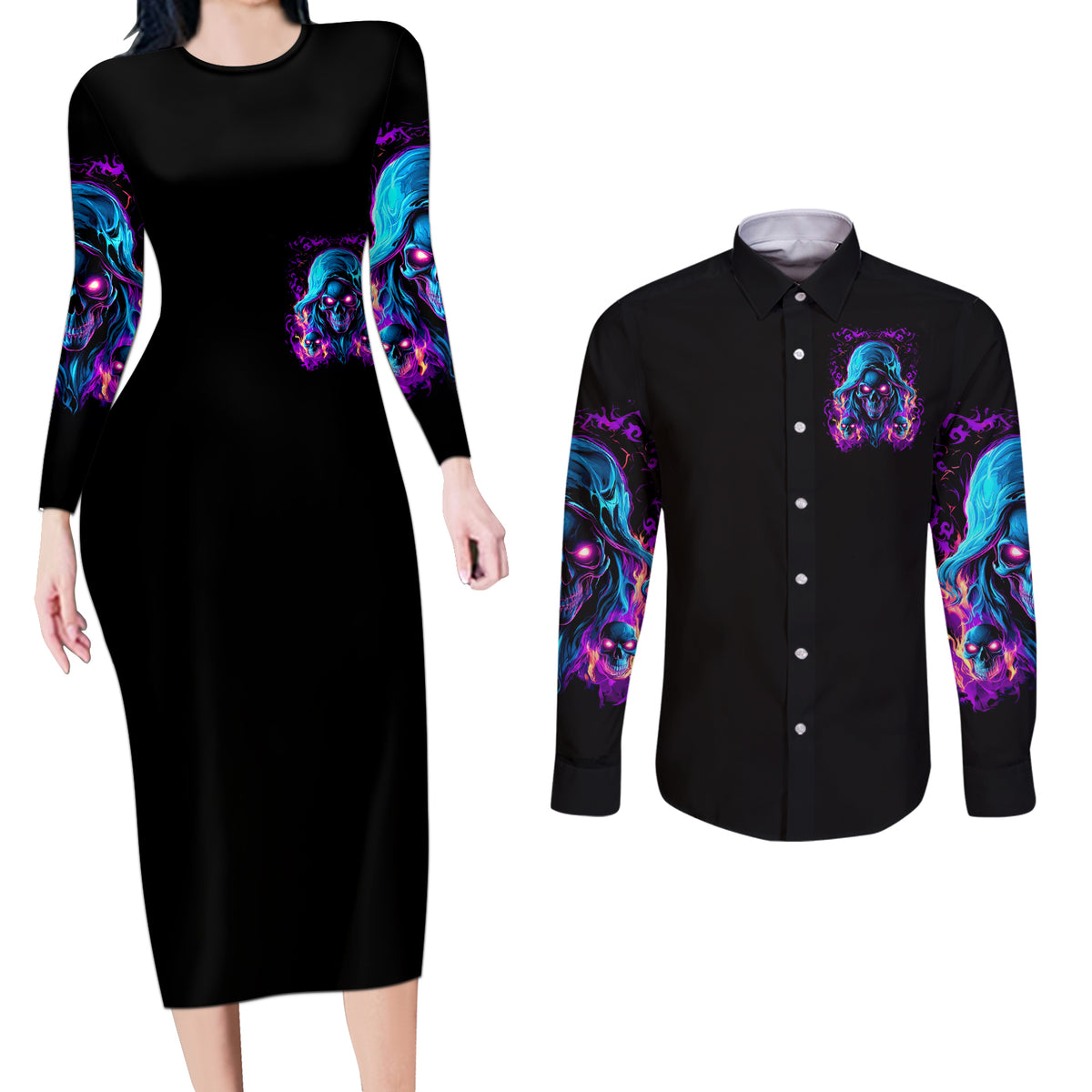 Flame Skull Couples Matching Long Sleeve Bodycon Dress and Long Sleeve Button Shirt Did I Piss You Off That Great At Least I'm Doing Something Right - Wonder Print Shop