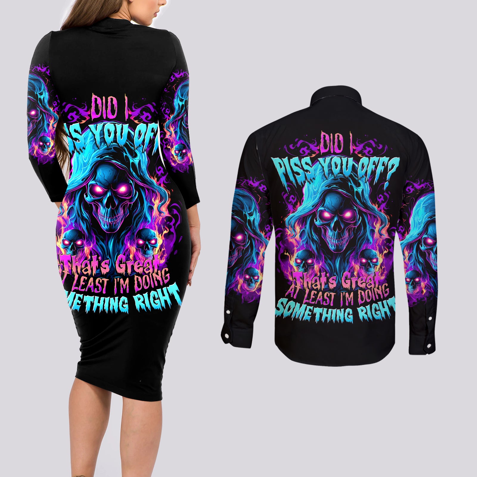 Flame Skull Couples Matching Long Sleeve Bodycon Dress and Long Sleeve Button Shirt Did I Piss You Off That Great At Least I'm Doing Something Right - Wonder Print Shop